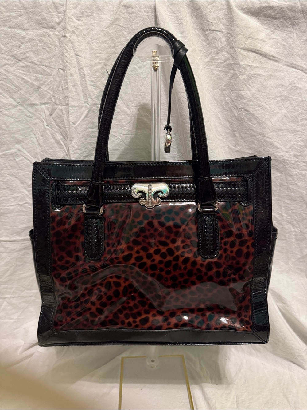 Patent Leather Leopard-Print Tote Bag in Black and Brown